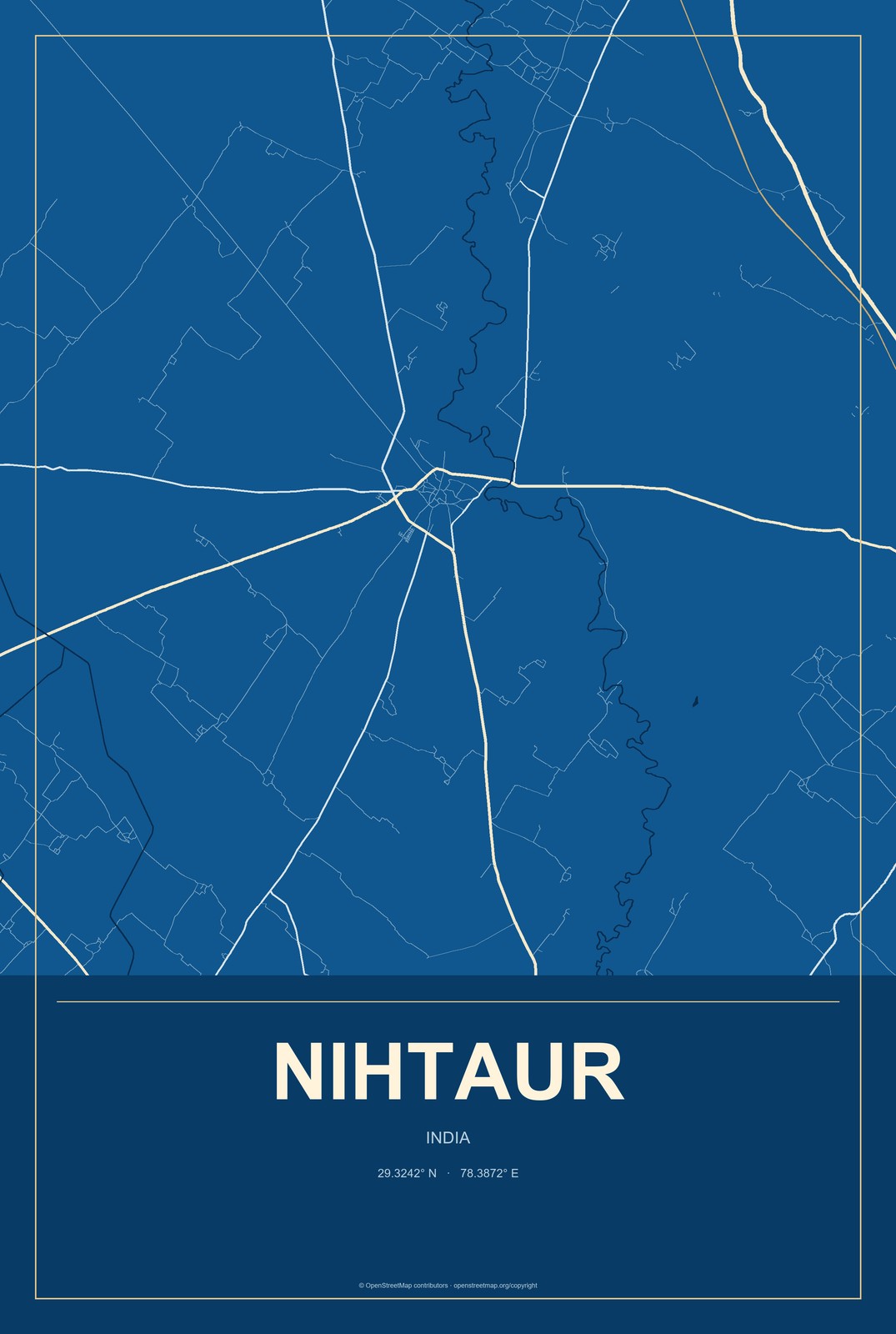 Nihtaur, India City Map Aluminum Sign in Harbor Cobalt style
