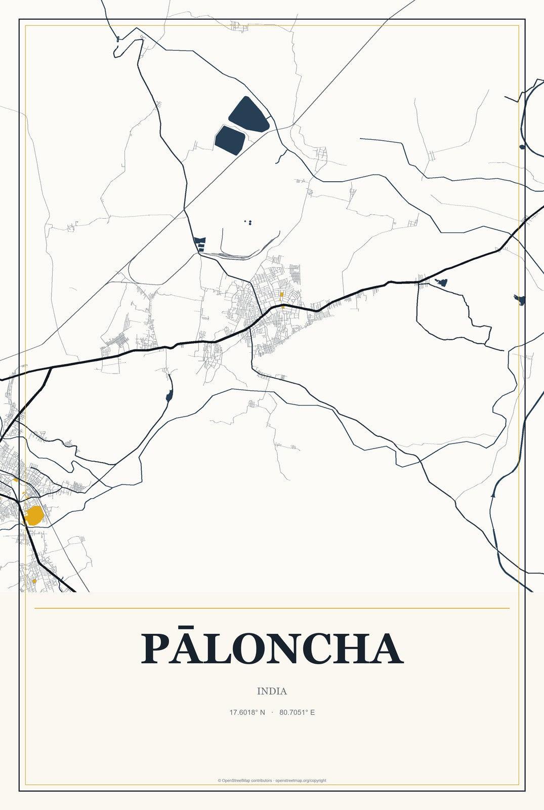 Pāloncha, India City Map Aluminum Sign in Citrine Modern style