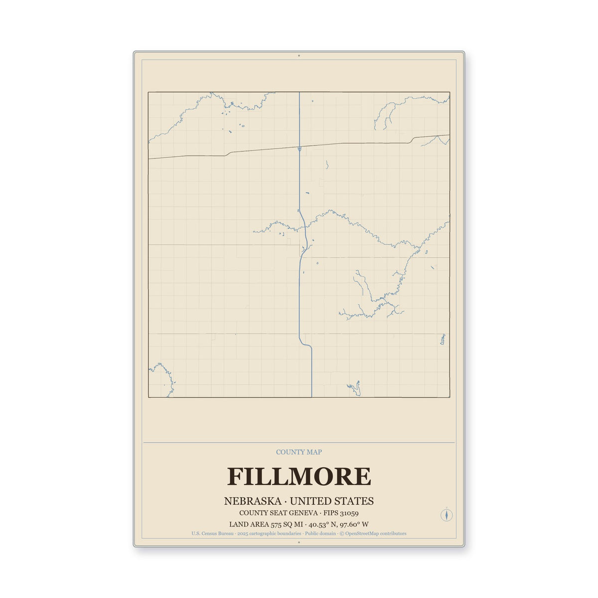 Fillmore County, Nebraska Map Aluminum Sign in Heritage Nautical style