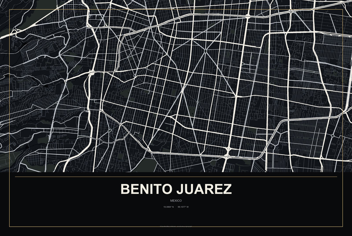 Benito Juarez, Mexico City Map Aluminum Sign in Metropolitan Noir style