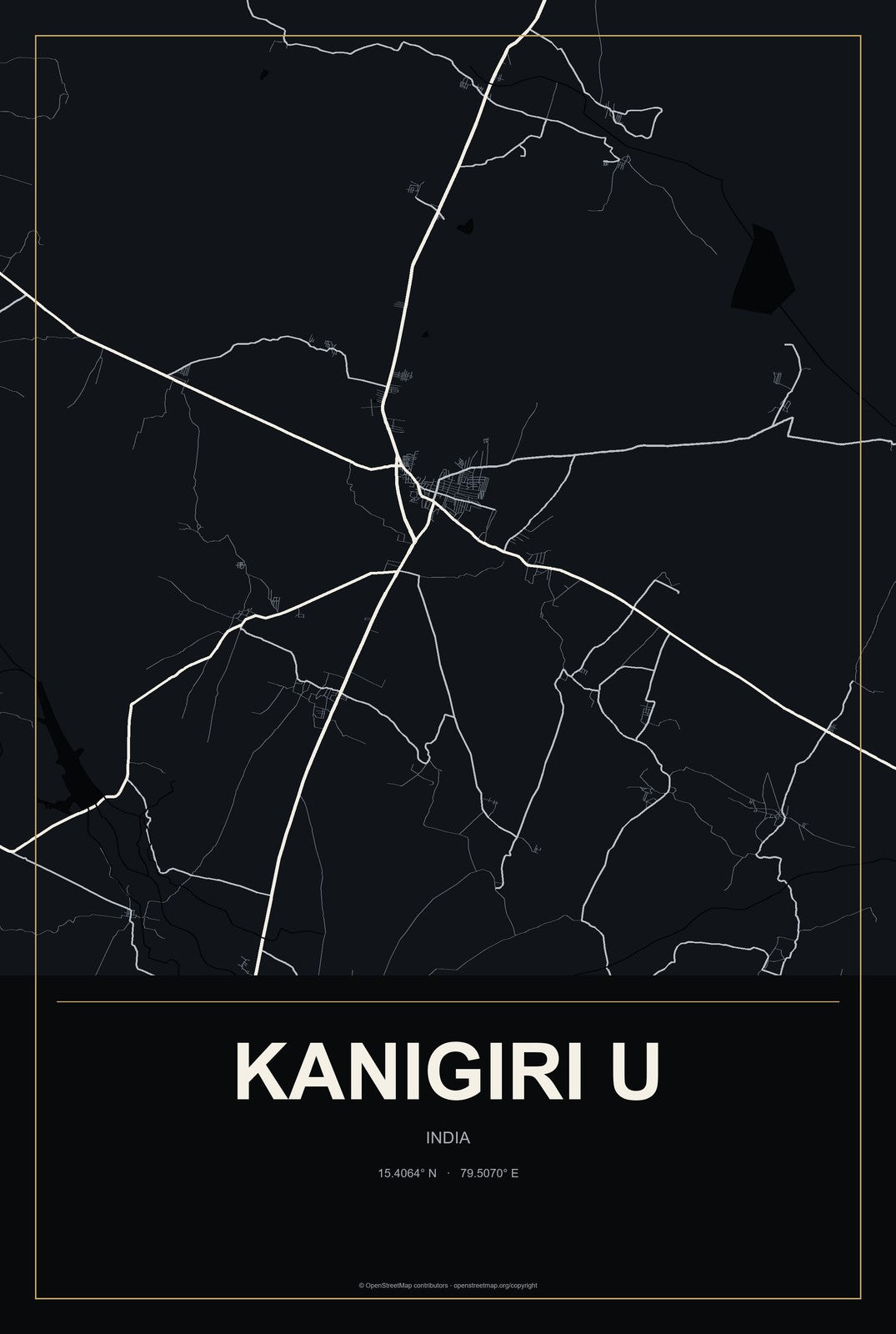 Kanigiri U, India City Map Aluminum Sign in Metropolitan Noir style