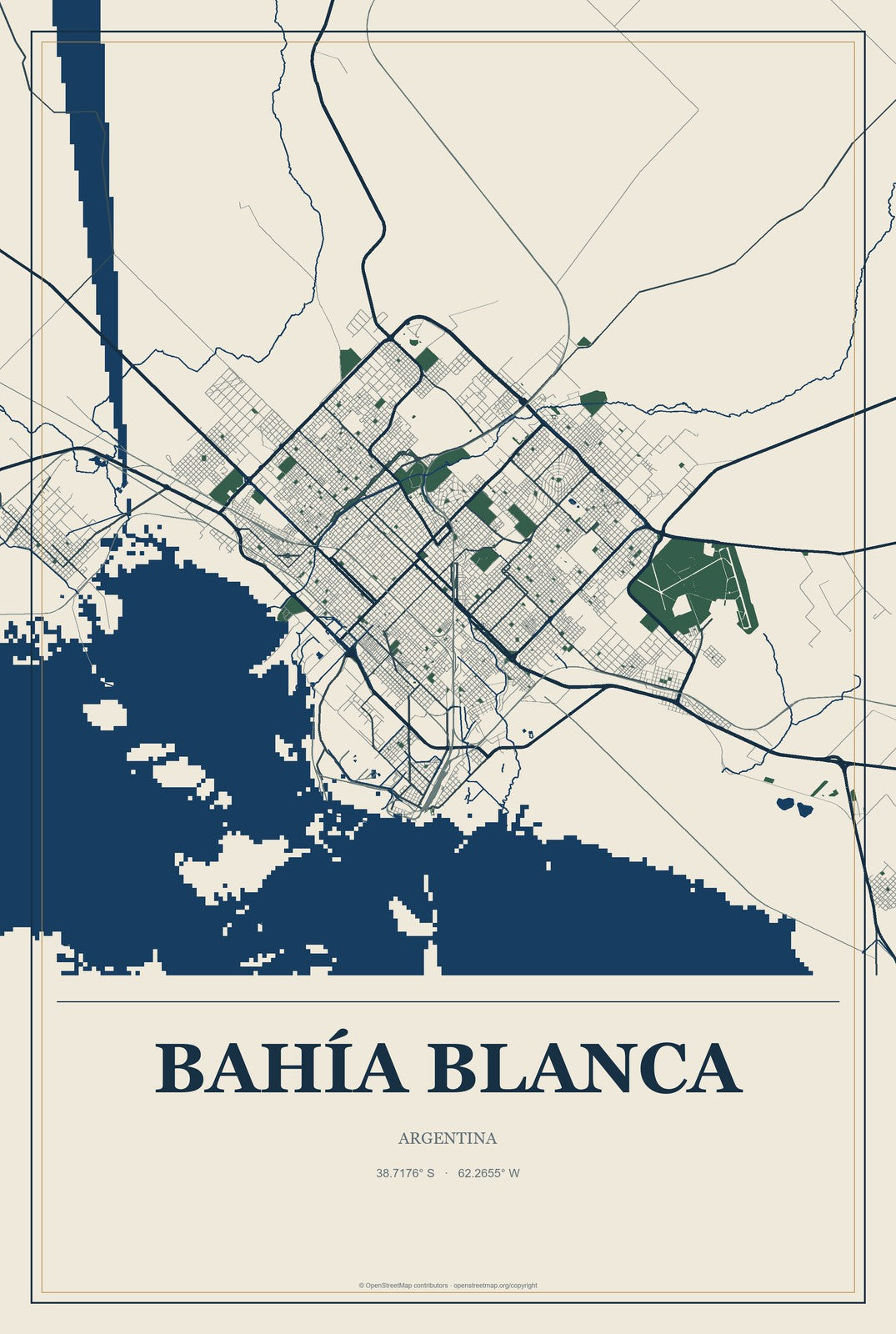 Bahía Blanca, Argentina City Map Aluminum Sign in Coastal Cutout style