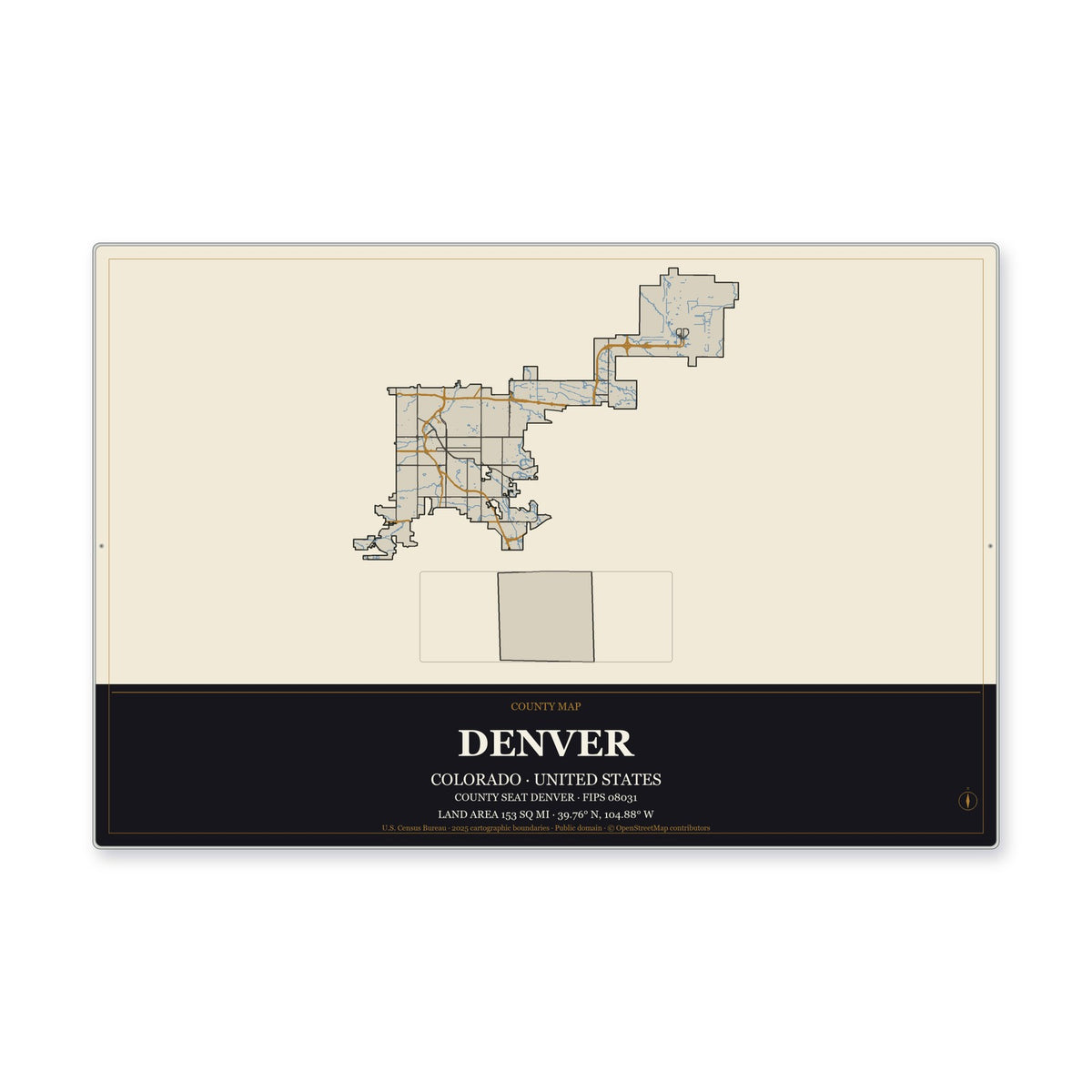 Denver County, Colorado Map Aluminum Sign in Museum Plaque style