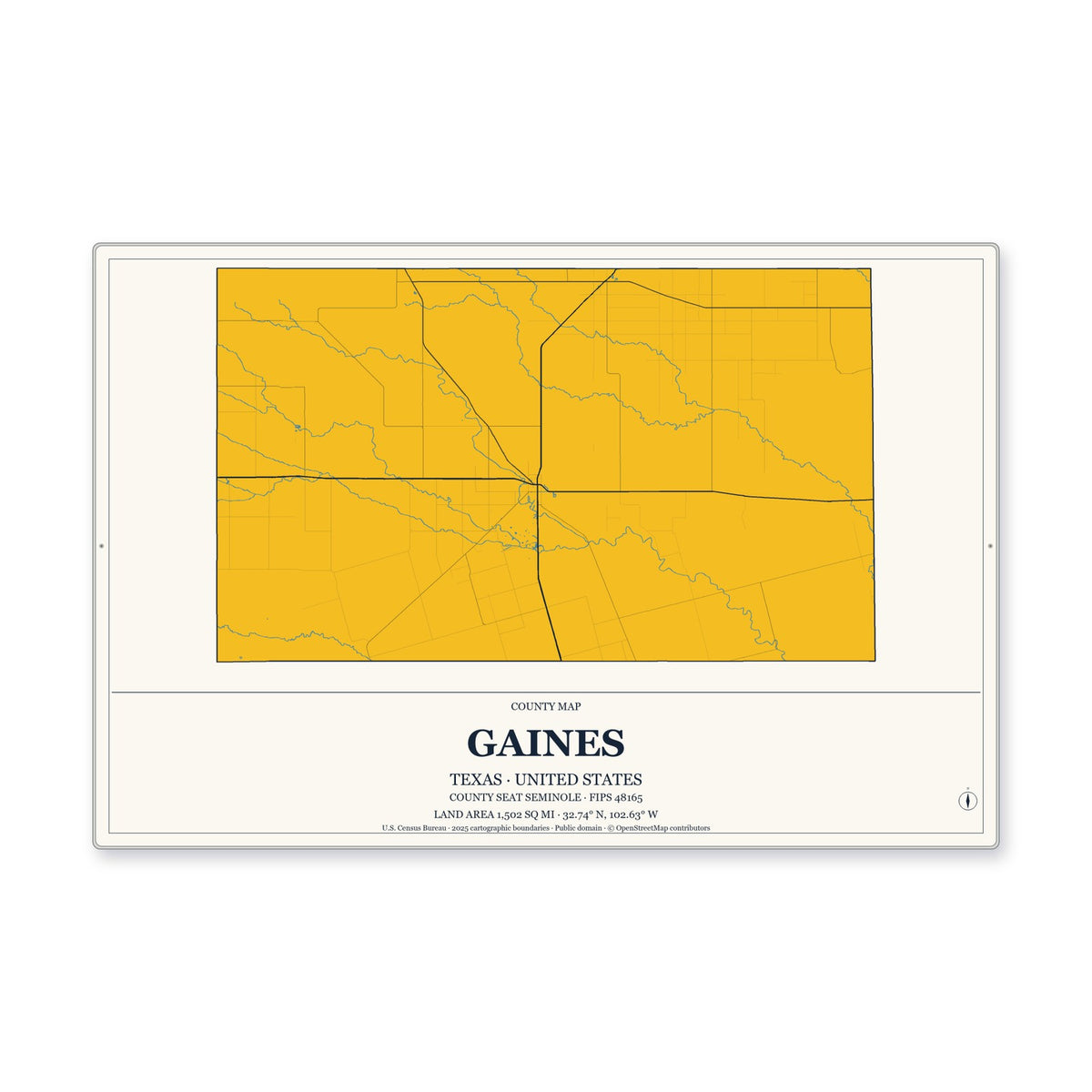 Gaines County, Texas Map Aluminum Sign in Citrine Modern style