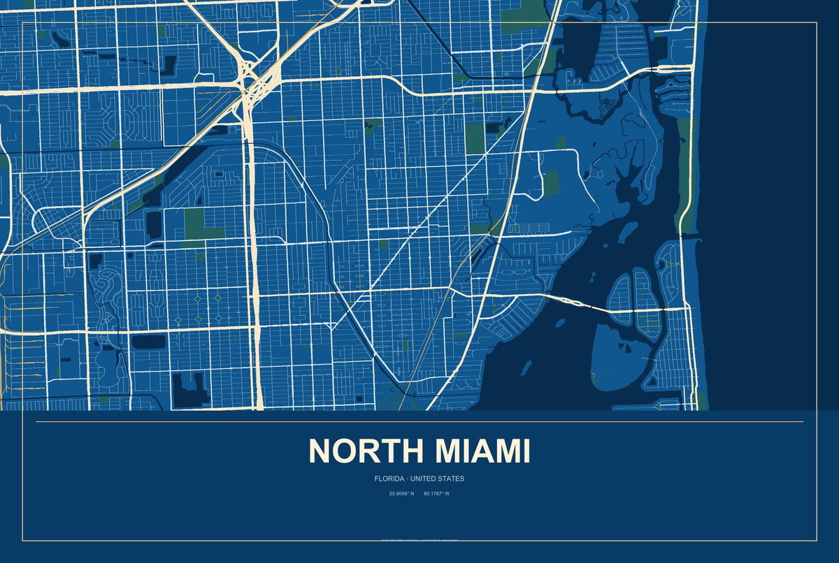 North Miami, Florida City Map Aluminum Sign in Harbor Cobalt style