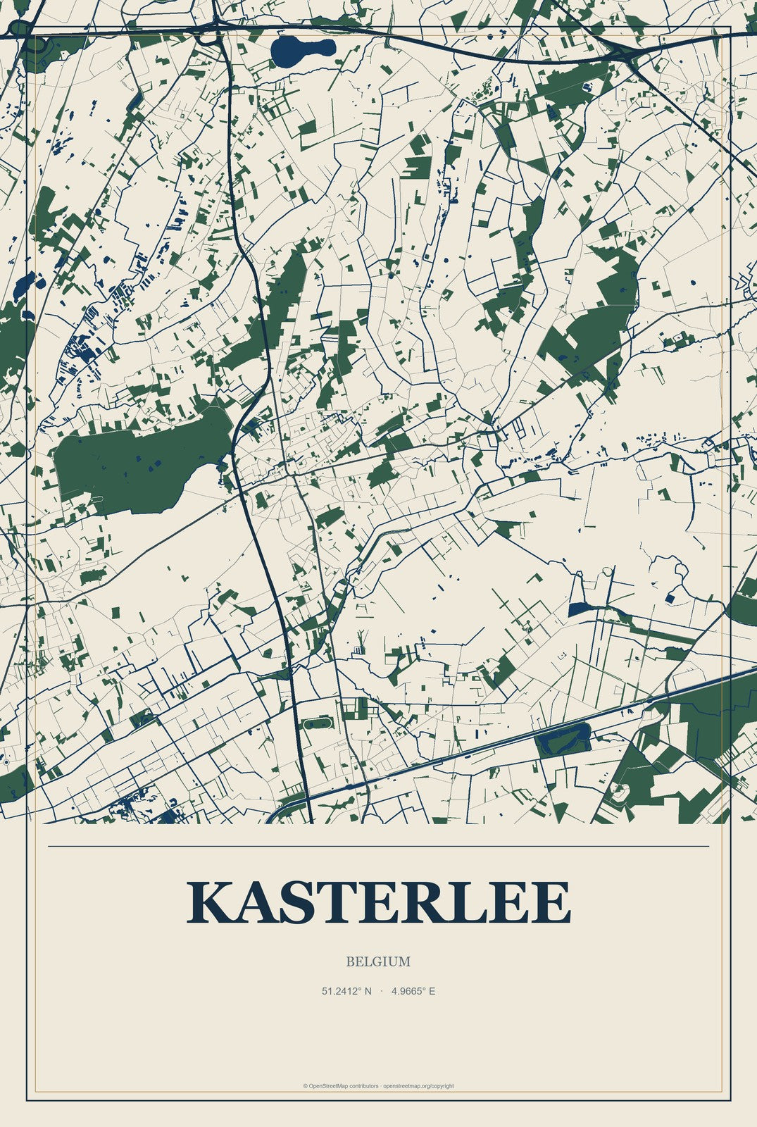 Kasterlee, Belgium City Map Aluminum Sign in Coastal Cutout style