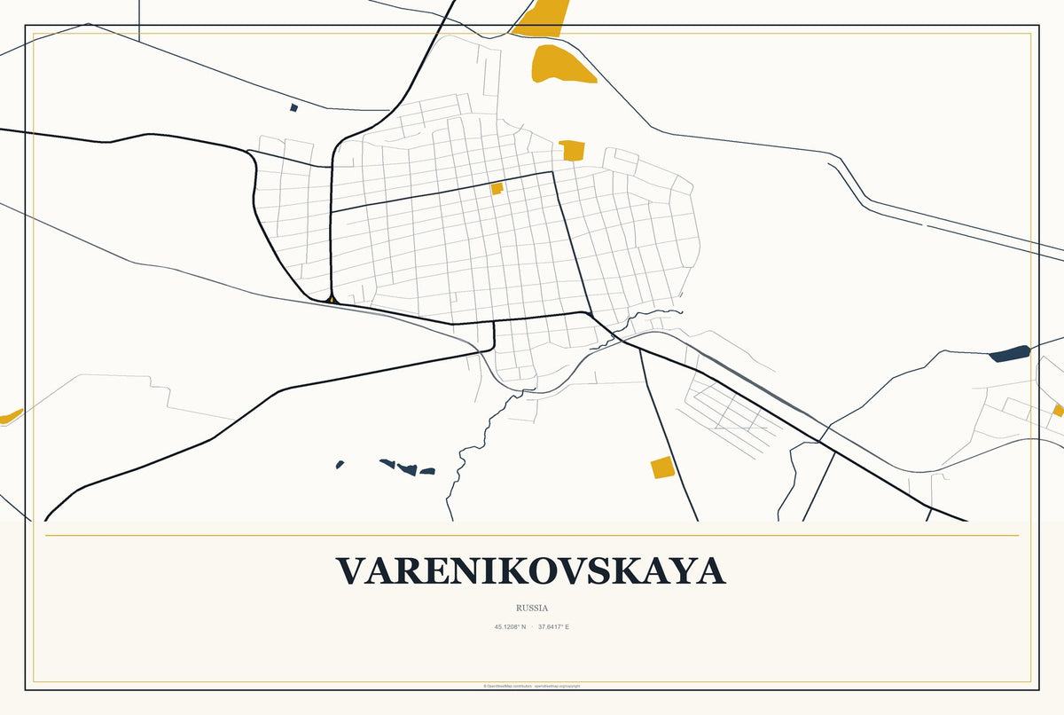 Varenikovskaya, Russia City Map Aluminum Sign in Citrine Modern style