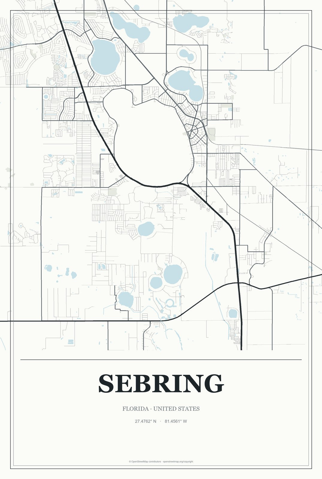 Sebring, Florida City Map Aluminum Sign in Gallery Air style