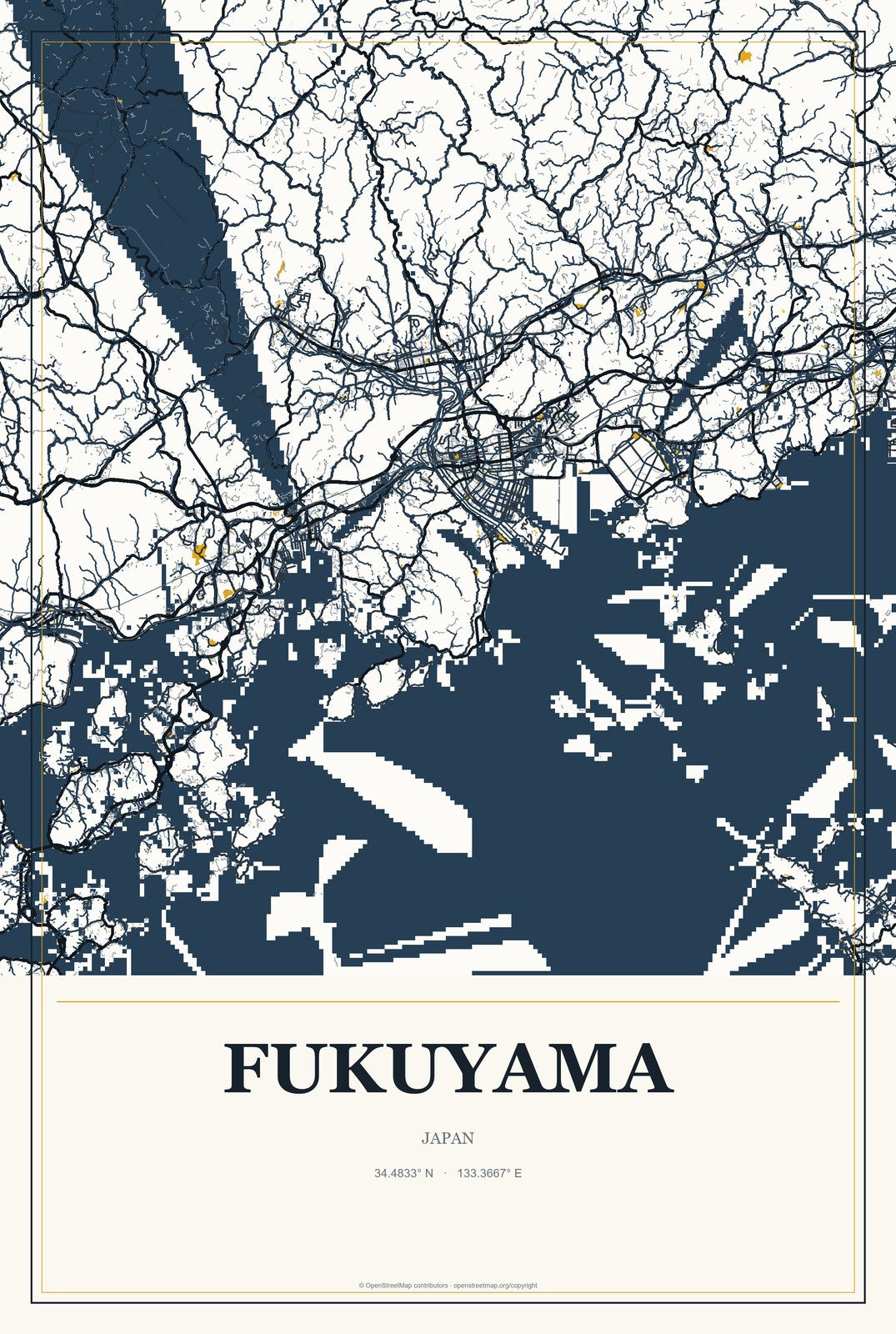 Fukuyama, Japan City Map Aluminum Sign in Citrine Modern style