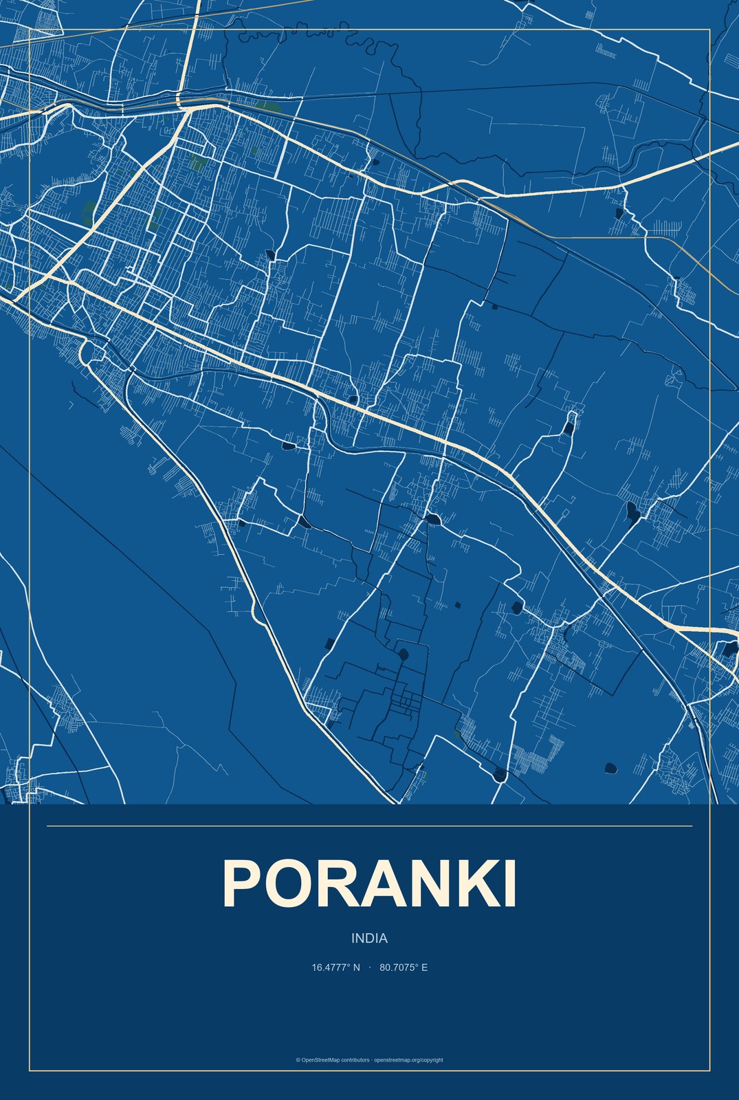 Poranki, India City Map Aluminum Sign in Harbor Cobalt style