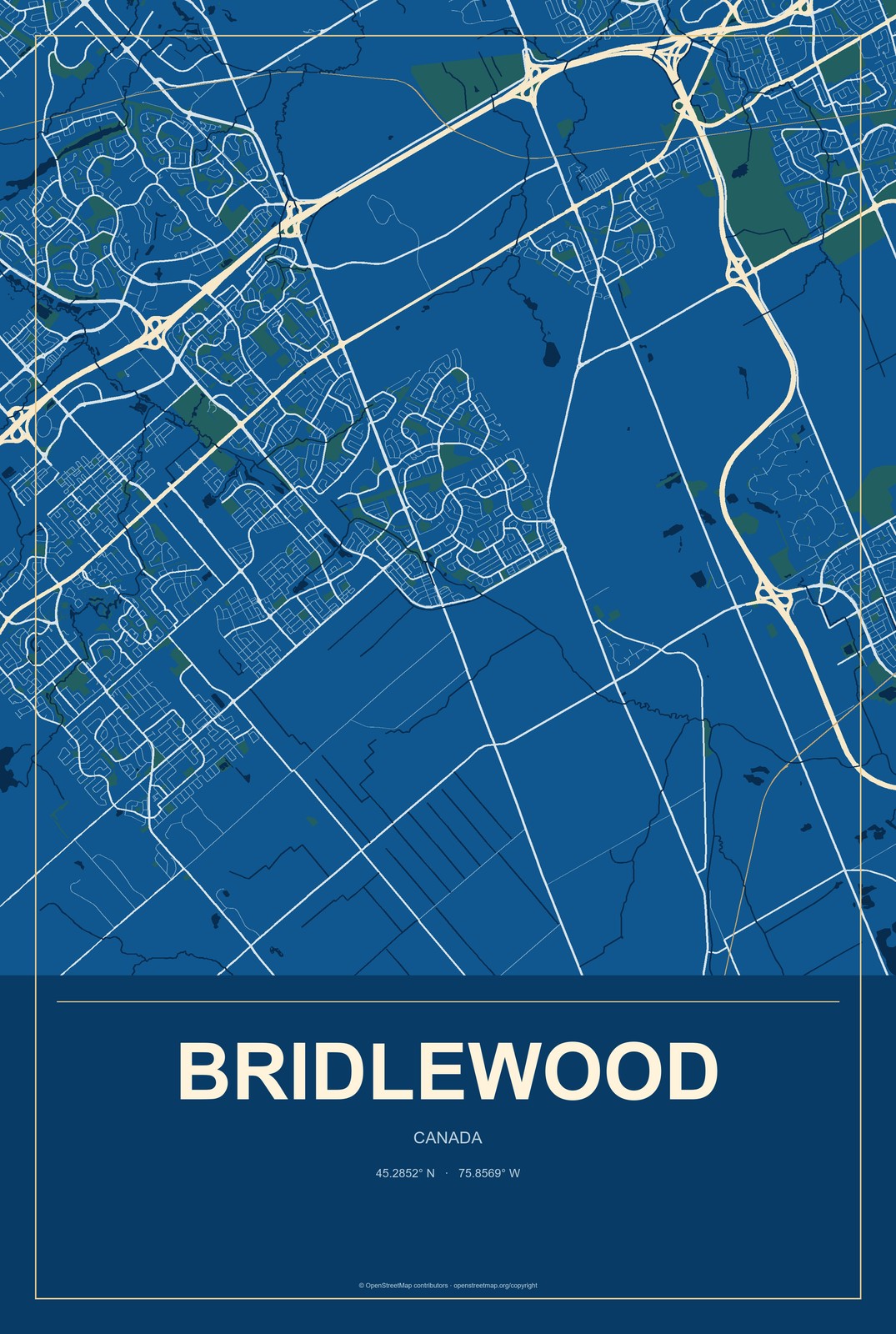 Bridlewood, Canada City Map Aluminum Sign in Harbor Cobalt style