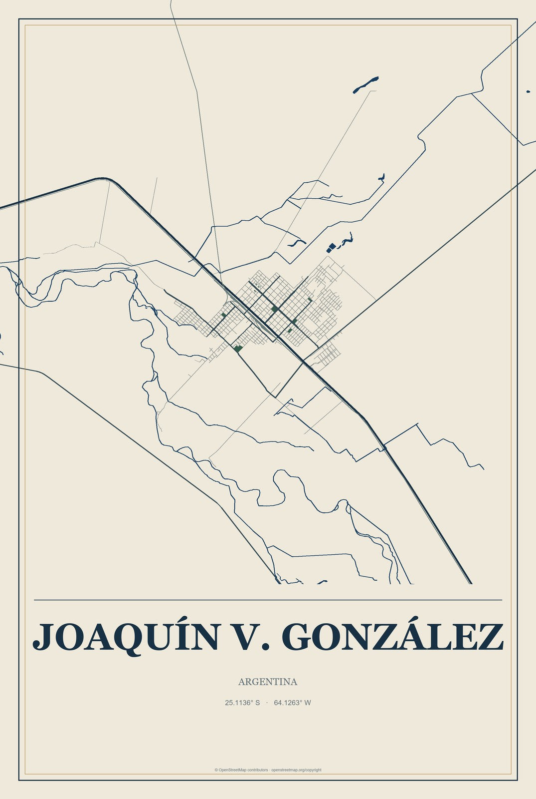 Joaquín V. González, Argentina City Map Aluminum Sign in Coastal Cutout style