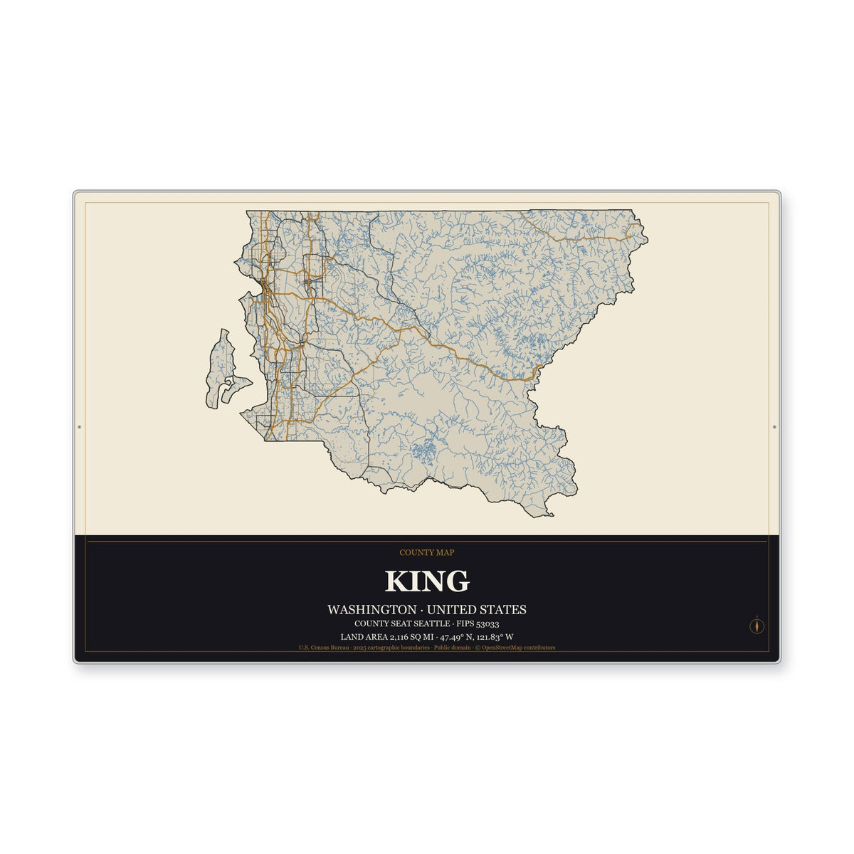 King County, Washington Map Aluminum Sign in Museum Plaque style