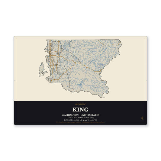 King County, Washington Map Aluminum Sign in Museum Plaque style