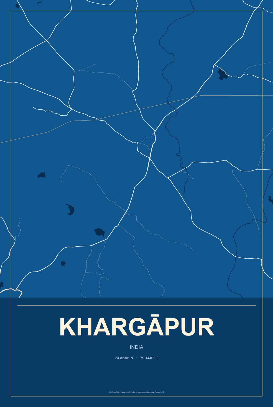 Khargāpur, India City Map Aluminum Sign in Harbor Cobalt style