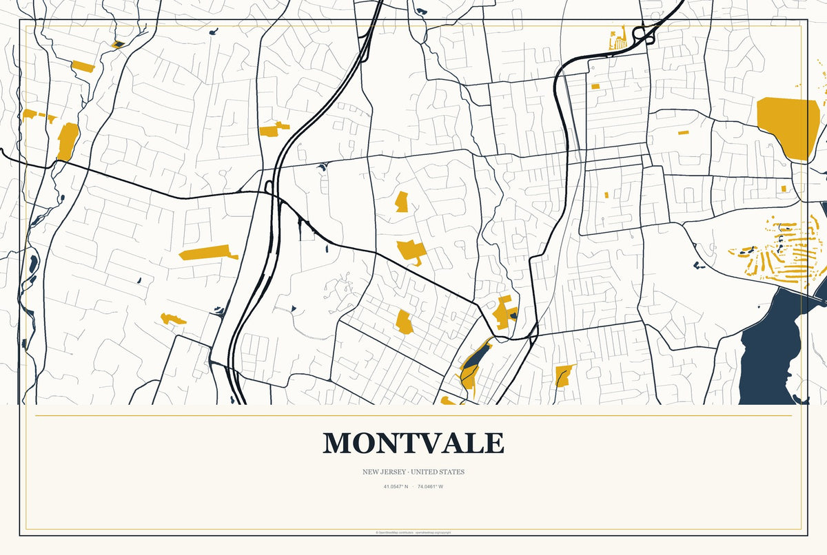 Montvale, New Jersey City Map Aluminum Sign in Citrine Modern style
