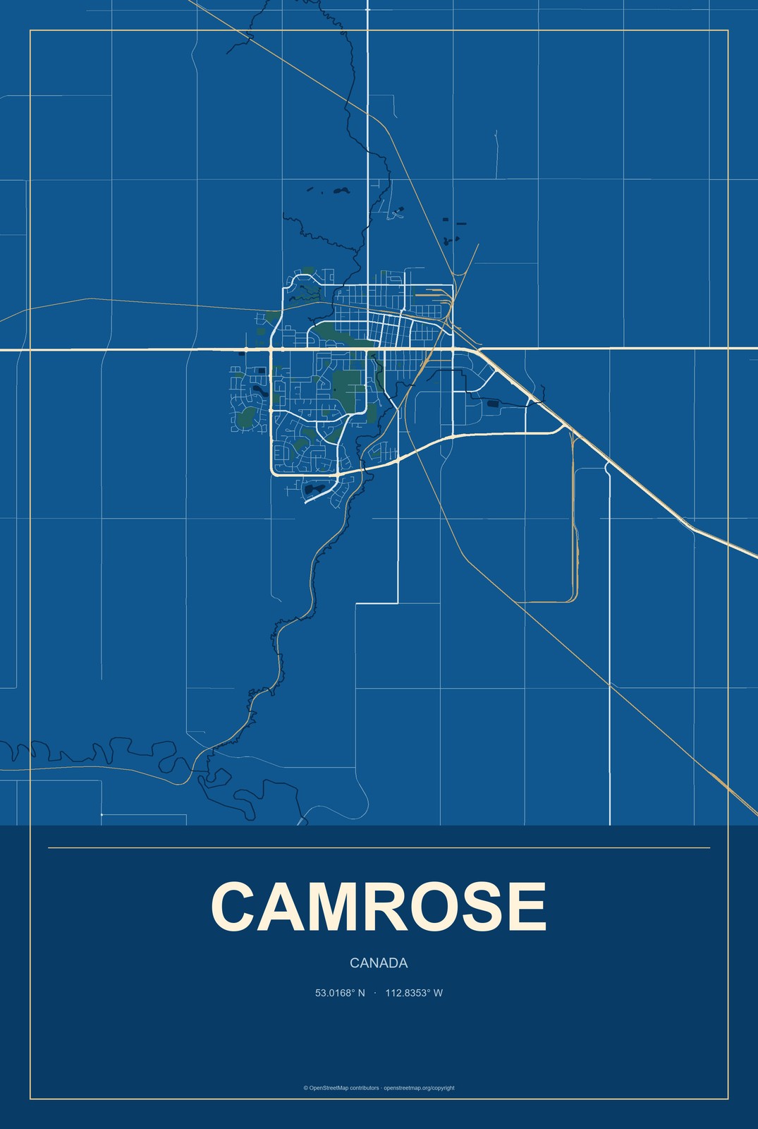 Camrose, Canada City Map Aluminum Sign in Harbor Cobalt style
