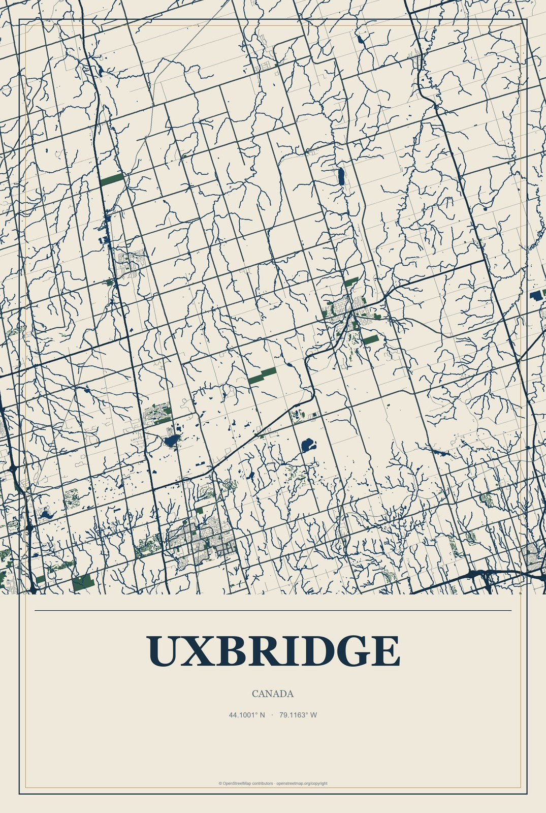 Uxbridge, Canada City Map Aluminum Sign in Coastal Cutout style