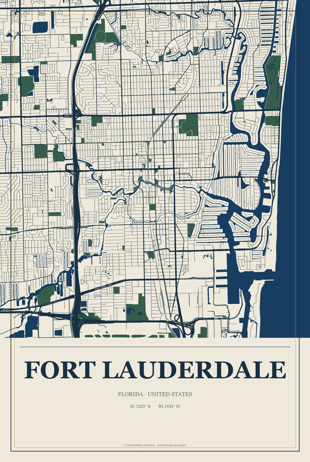 Fort Lauderdale, Florida City Map Aluminum Sign in Coastal Cutout style