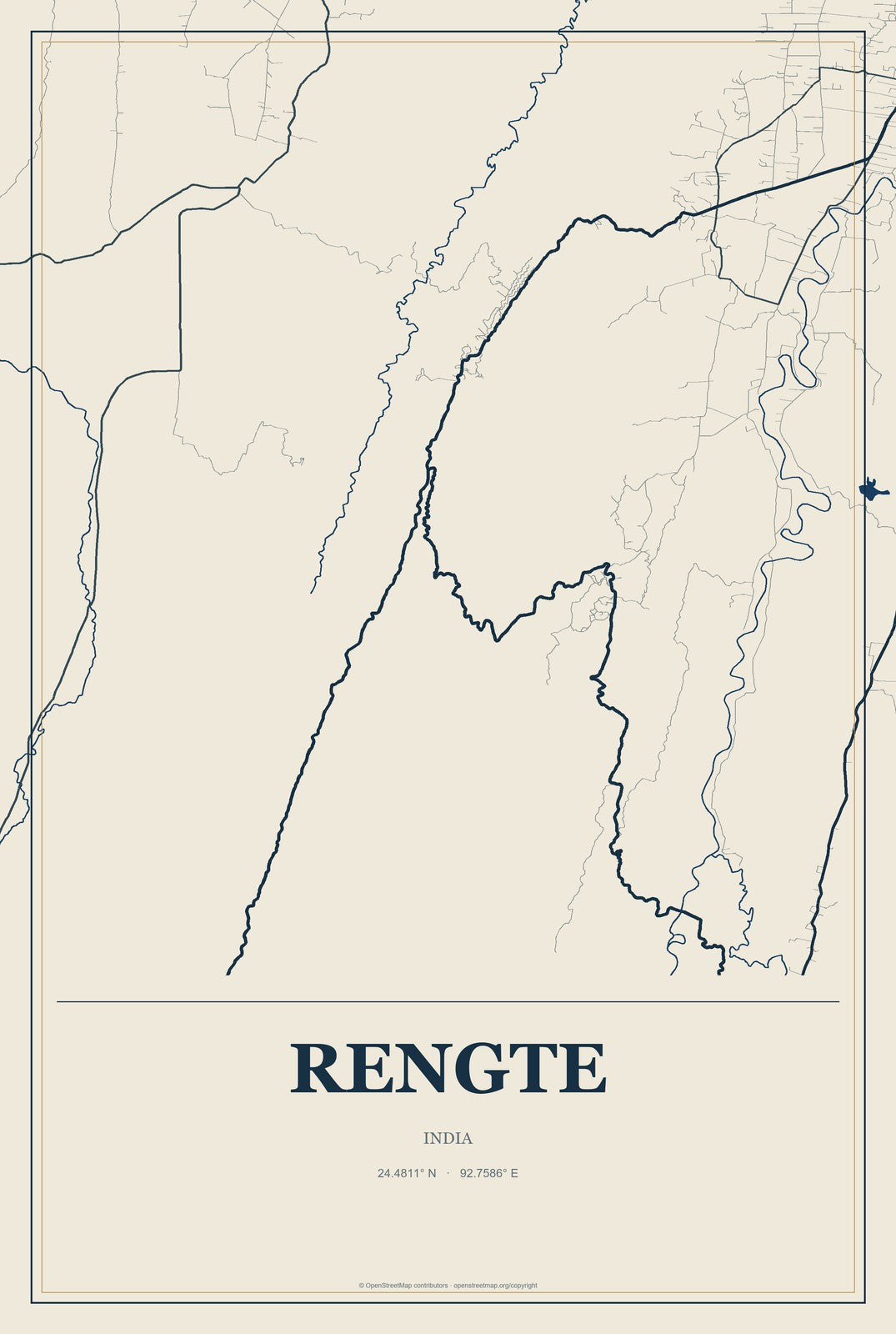 Rengte, India City Map Aluminum Sign in Coastal Cutout style