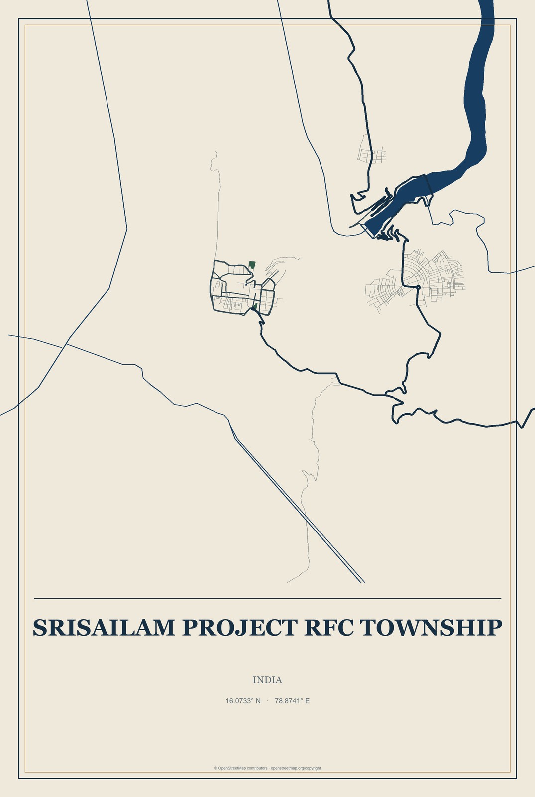 Srisailam Project RFC Township, India City Map Aluminum Sign in Coastal Cutout style