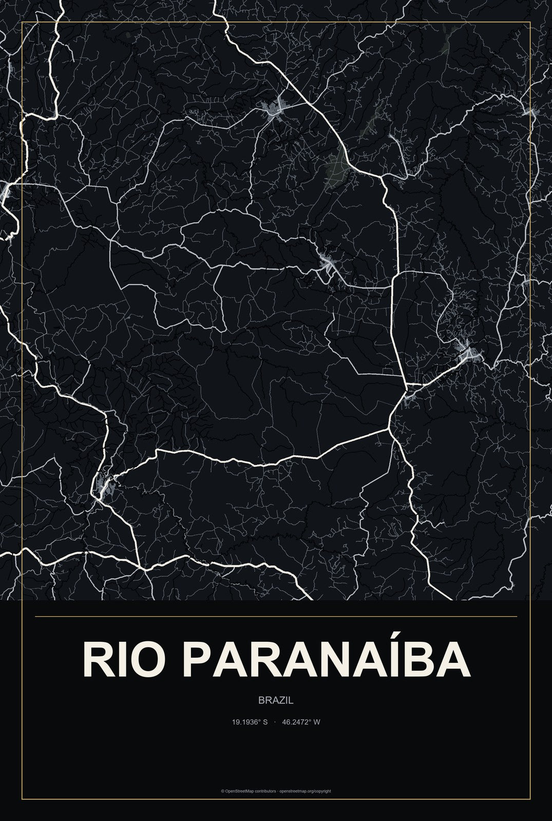 Rio Paranaíba, Brazil City Map Aluminum Sign in Metropolitan Noir style