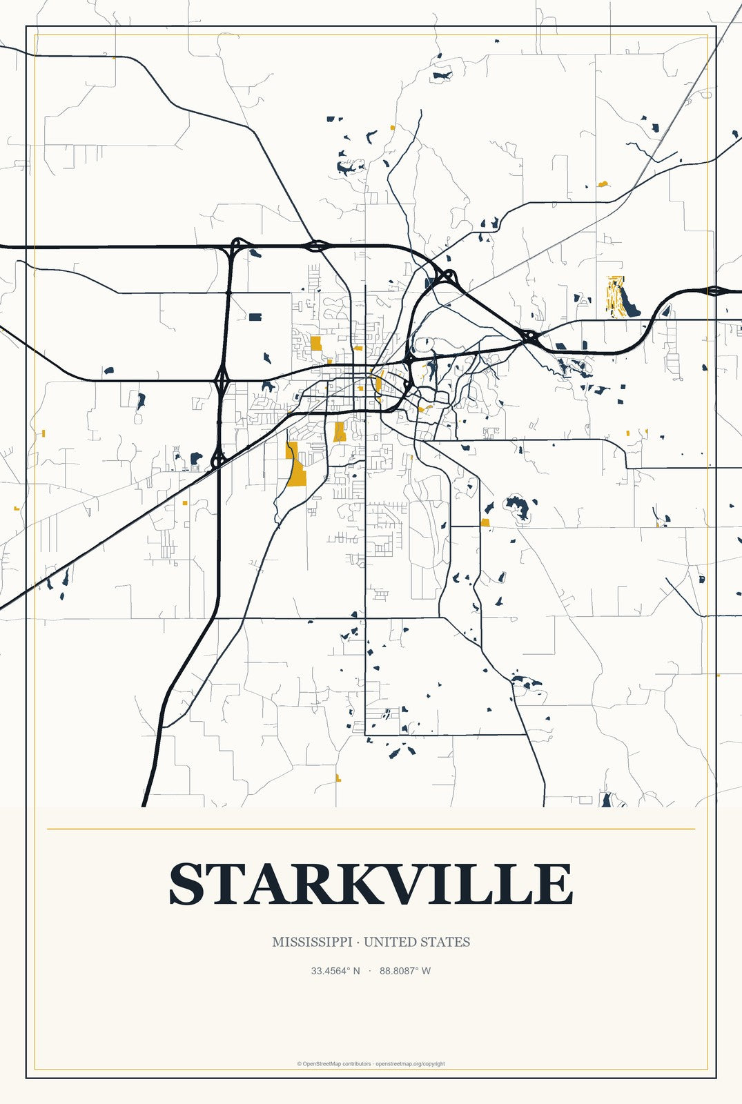 Starkville, Mississippi City Map Aluminum Sign in Citrine Modern style