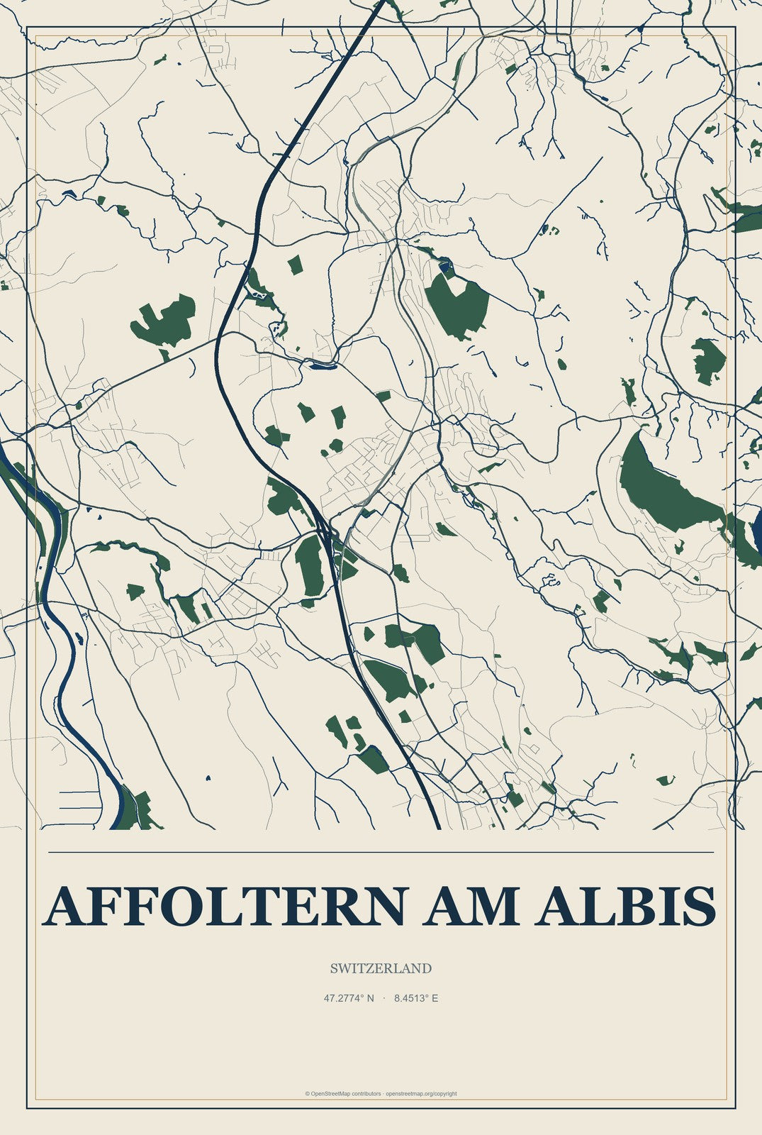 Affoltern am Albis, Switzerland City Map Aluminum Sign in Coastal Cutout style