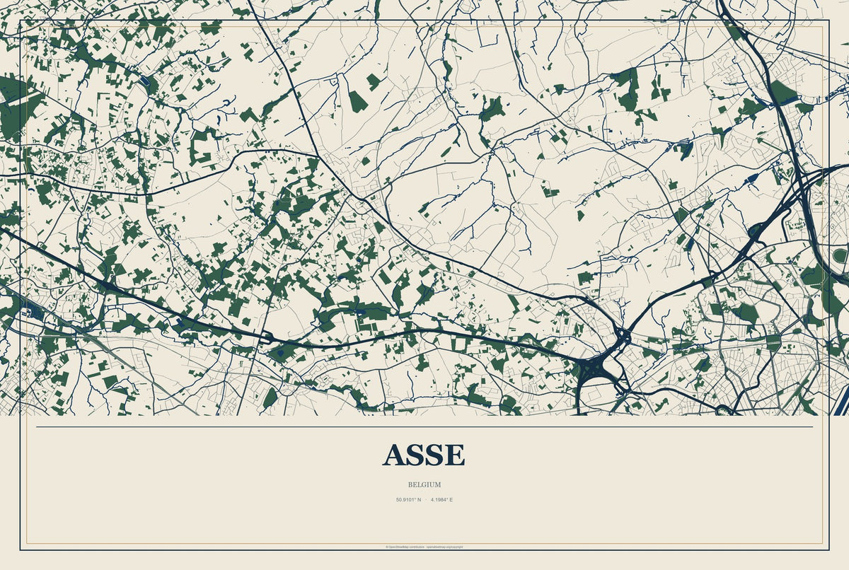 Asse, Belgium City Map Aluminum Sign in Coastal Cutout style