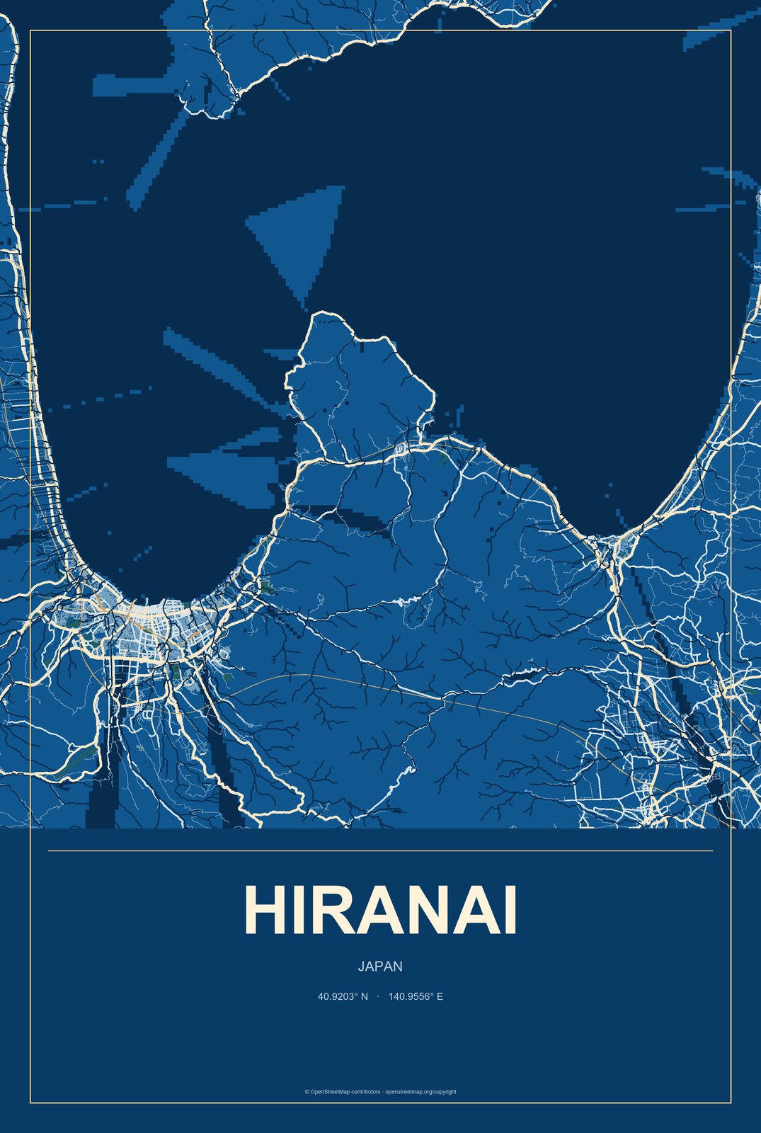Hiranai, Japan City Map Aluminum Sign in Harbor Cobalt style