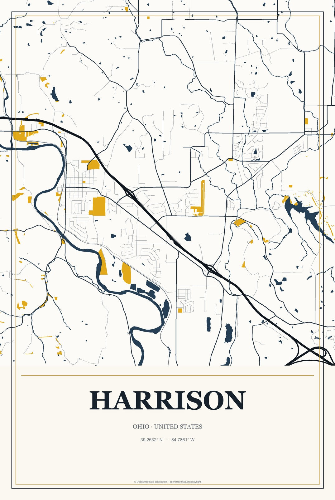 Harrison, Ohio City Map Aluminum Sign in Citrine Modern style