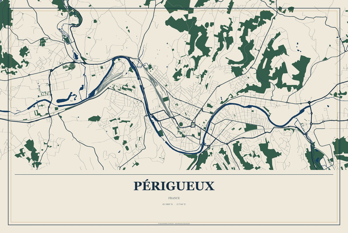 Périgueux, France City Map Aluminum Sign in Coastal Cutout style