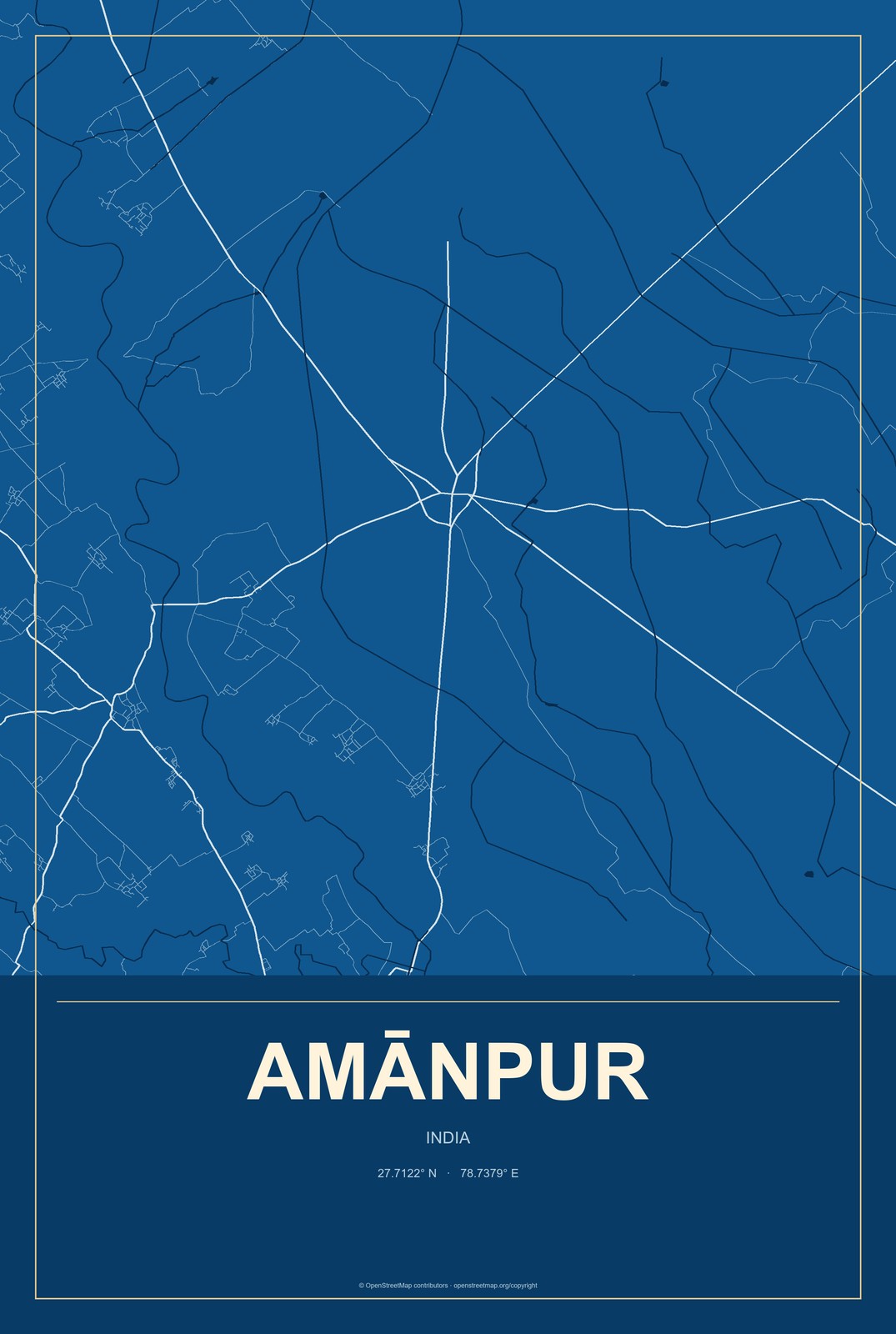 Amānpur, India City Map Aluminum Sign in Harbor Cobalt style