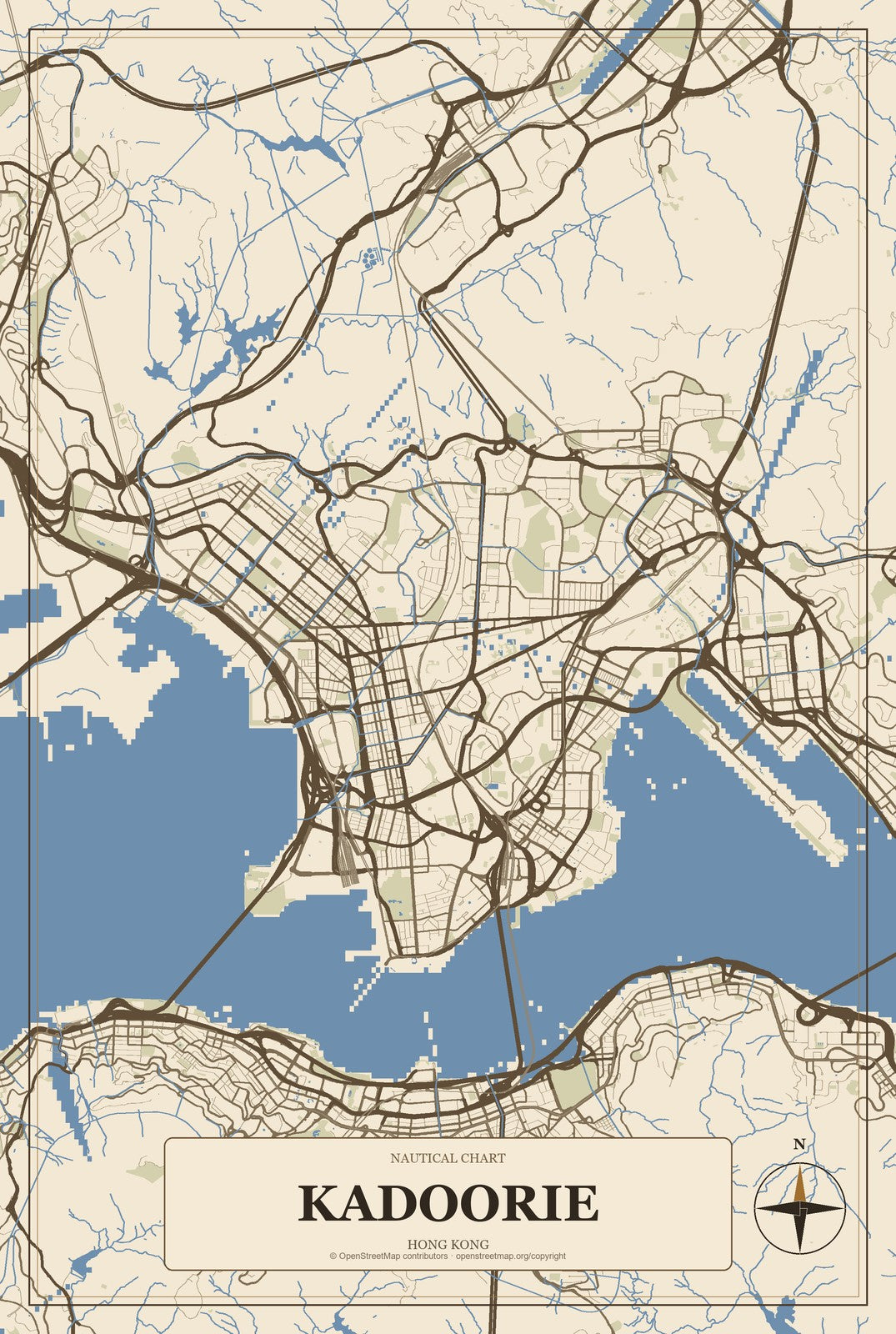 Kadoorie, Hong Kong City Map Aluminum Sign in Heritage Nautical style