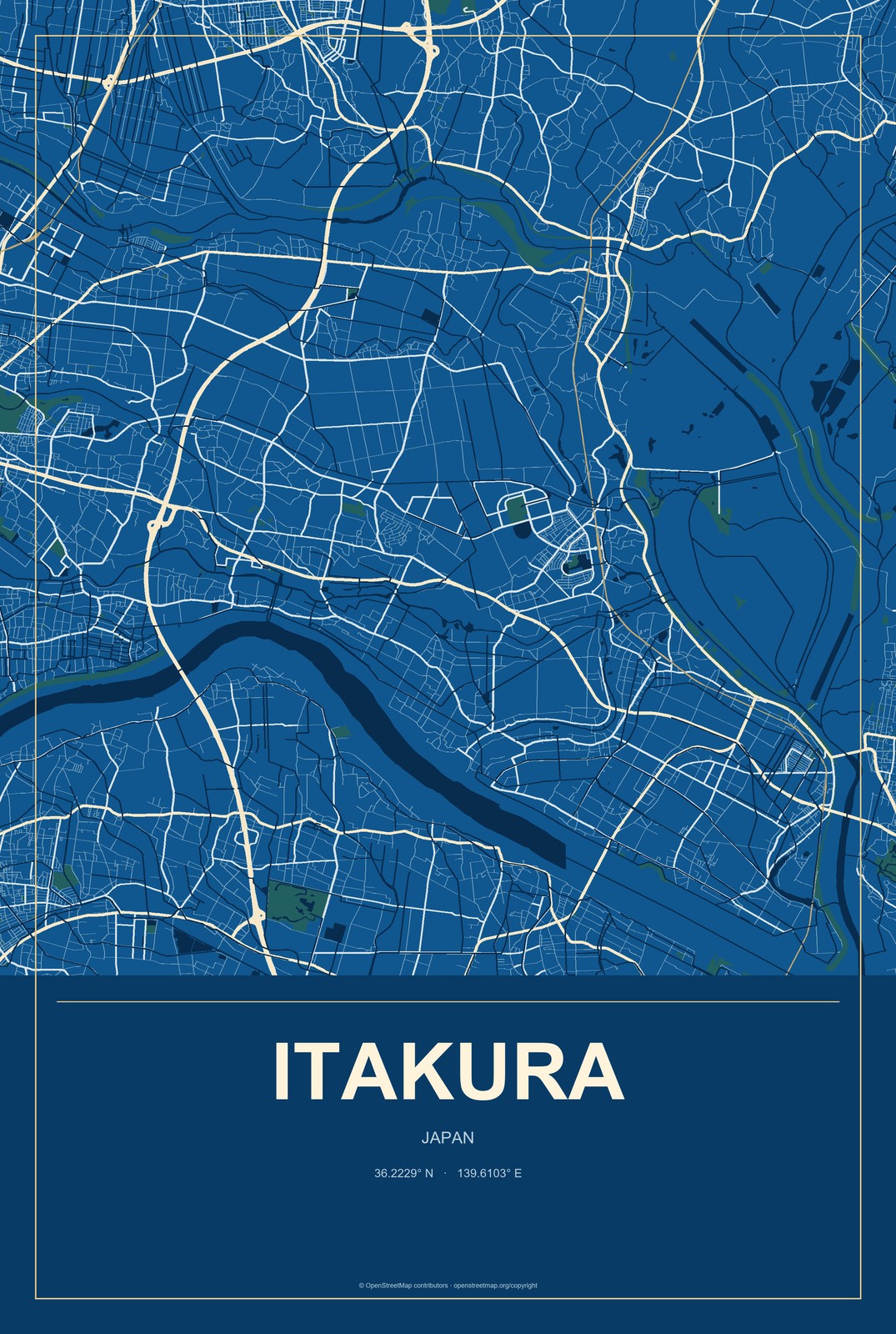 Itakura, Japan City Map Aluminum Sign in Harbor Cobalt style
