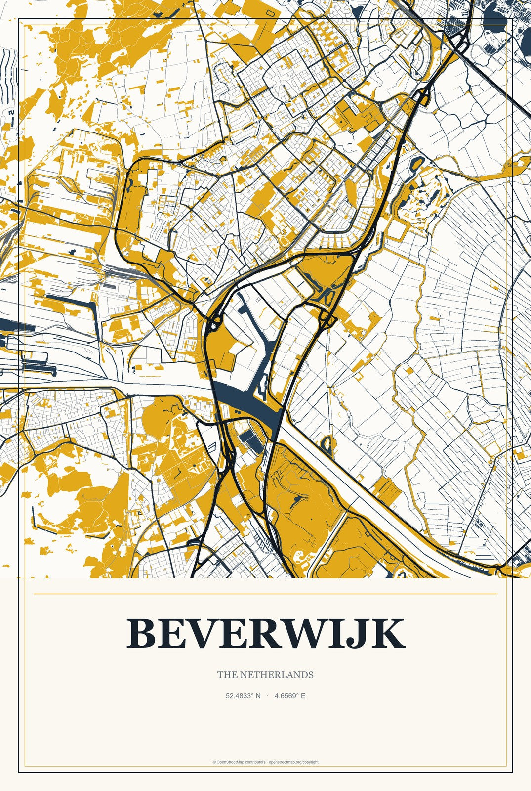 Beverwijk, The Netherlands City Map Aluminum Sign in Citrine Modern style