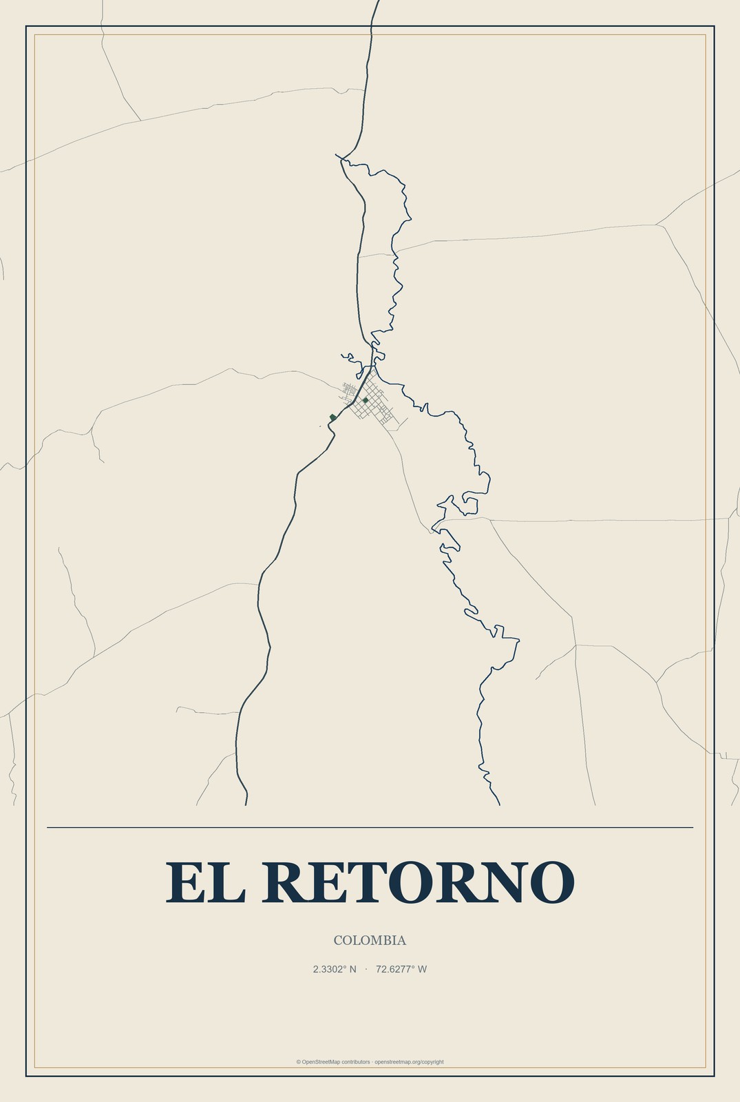 El Retorno, Colombia City Map Aluminum Sign in Coastal Cutout style