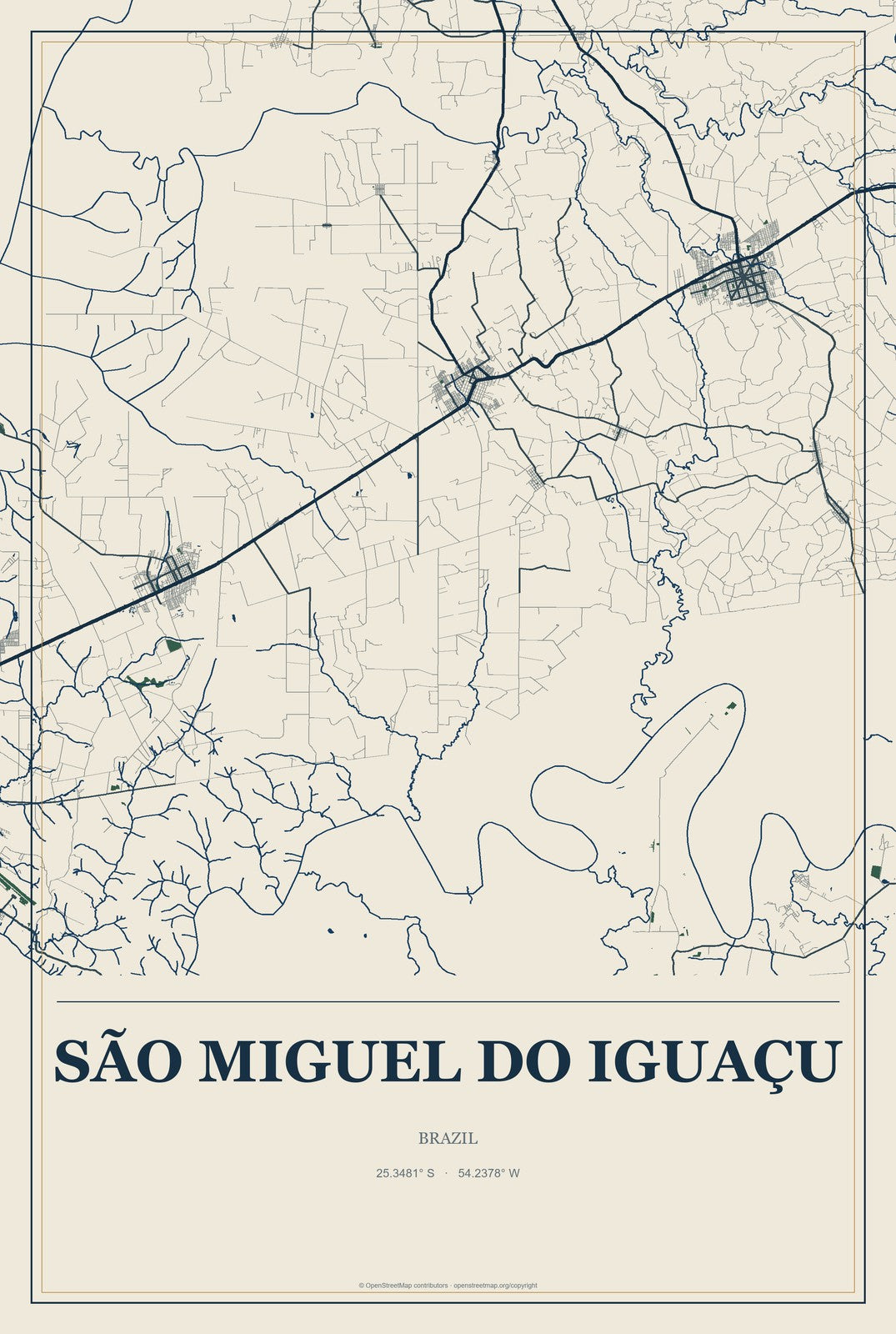 São Miguel do Iguaçu, Brazil City Map Aluminum Sign in Coastal Cutout style