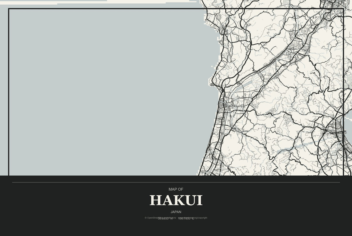 Hakui, Japan City Map Aluminum Sign in Museum Plaque style