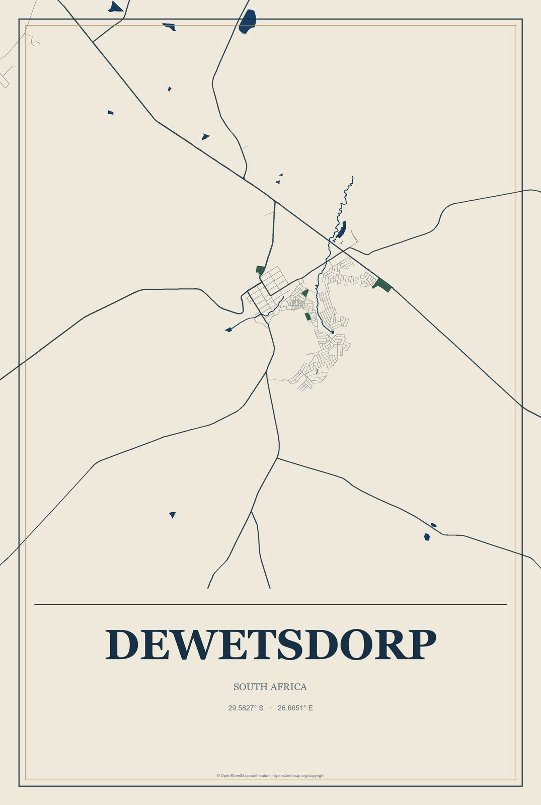 Dewetsdorp, South Africa City Map Aluminum Sign in Coastal Cutout style
