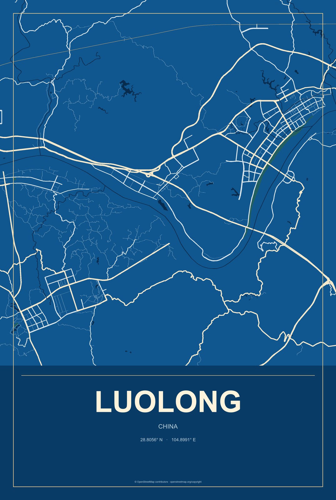 Luolong, China City Map Aluminum Sign in Harbor Cobalt style