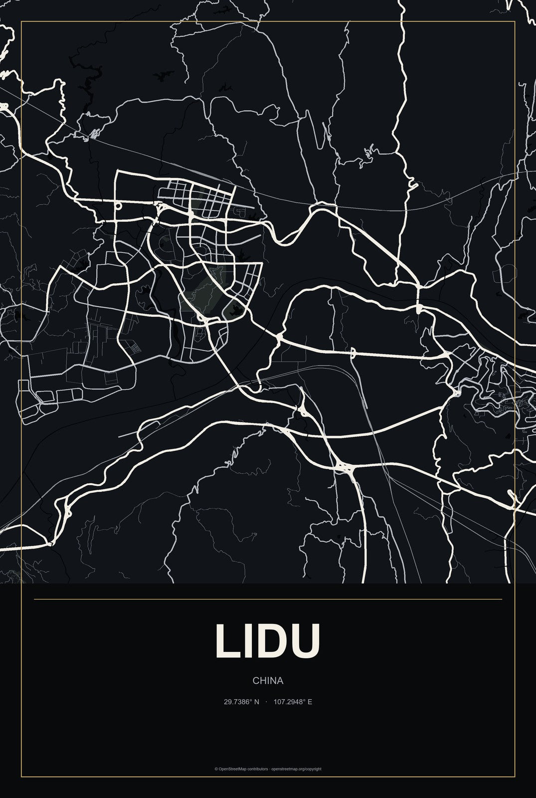 Lidu, China City Map Aluminum Sign in Metropolitan Noir style