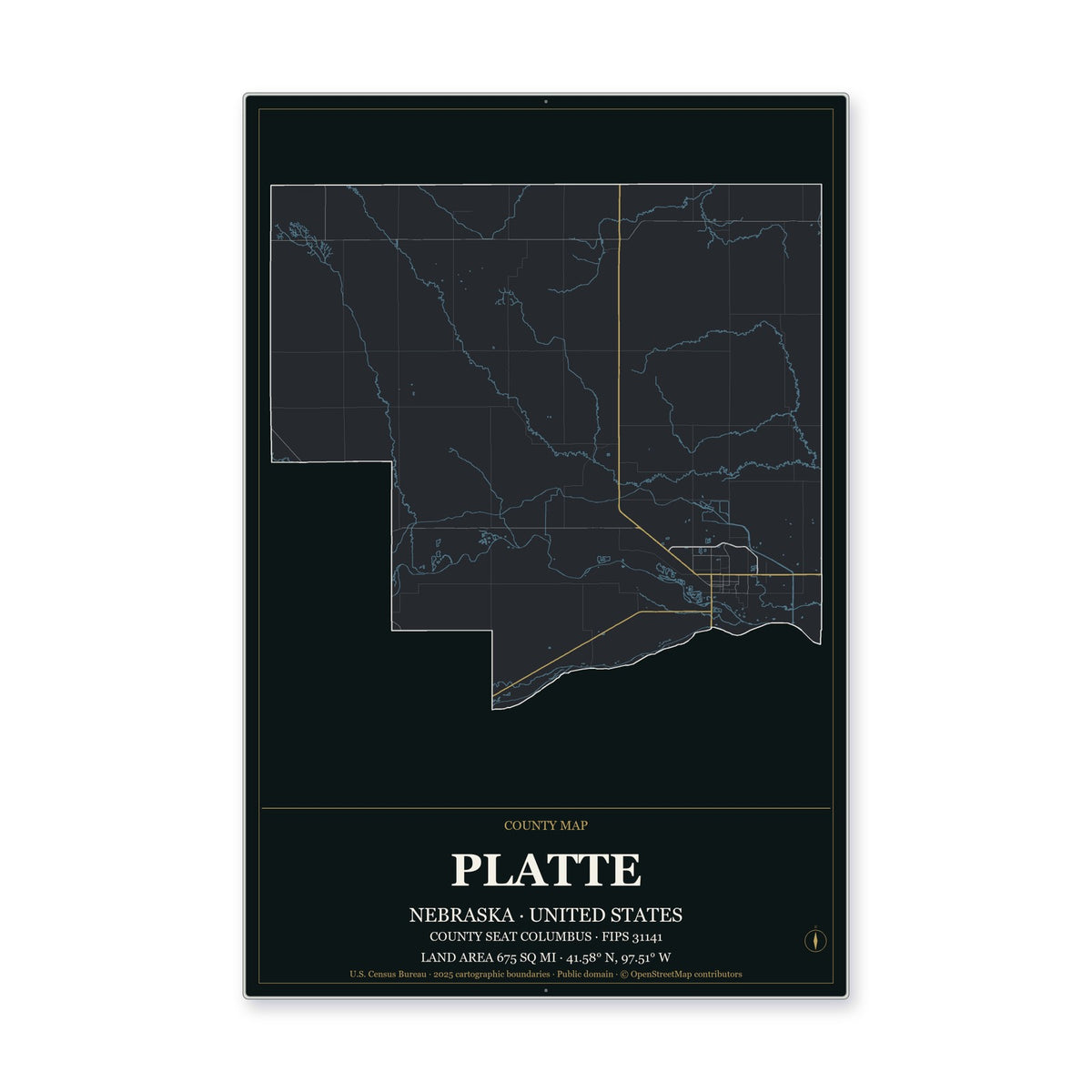 Platte County, Nebraska Map Aluminum Sign in Metropolitan Noir style