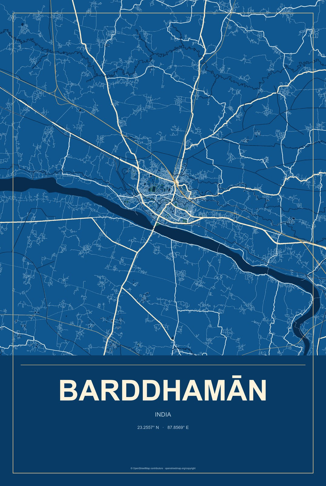 Barddhamān, India City Map Aluminum Sign in Harbor Cobalt style