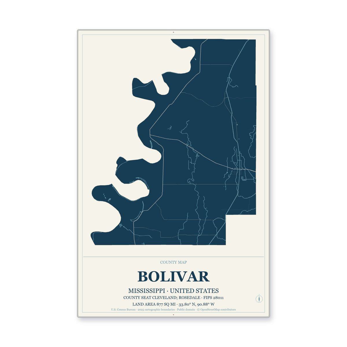 Bolivar County, Mississippi Map Aluminum Sign in Coastal Cutout style