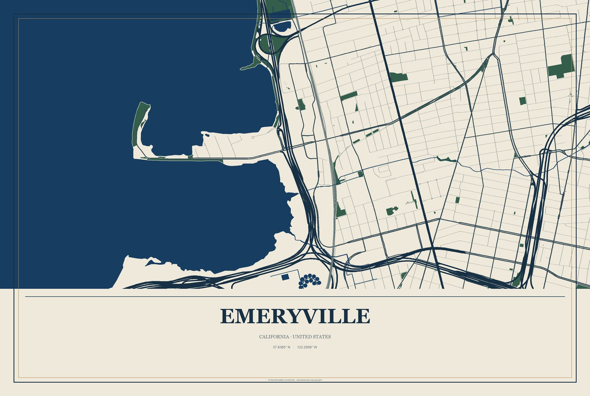 Emeryville, California City Map Aluminum Sign in Coastal Cutout style