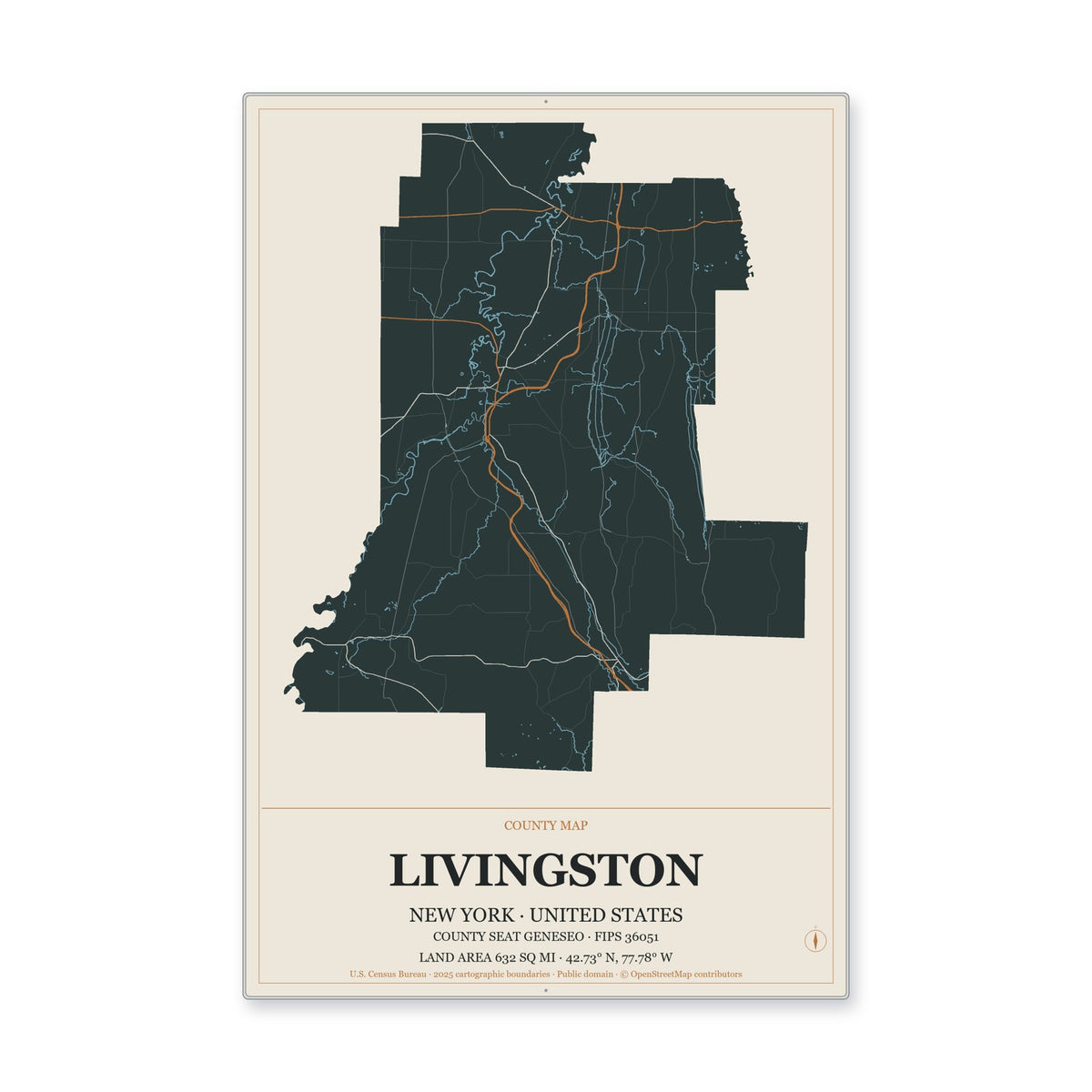 Livingston County, New York Map Aluminum Sign in Headline Atlas style
