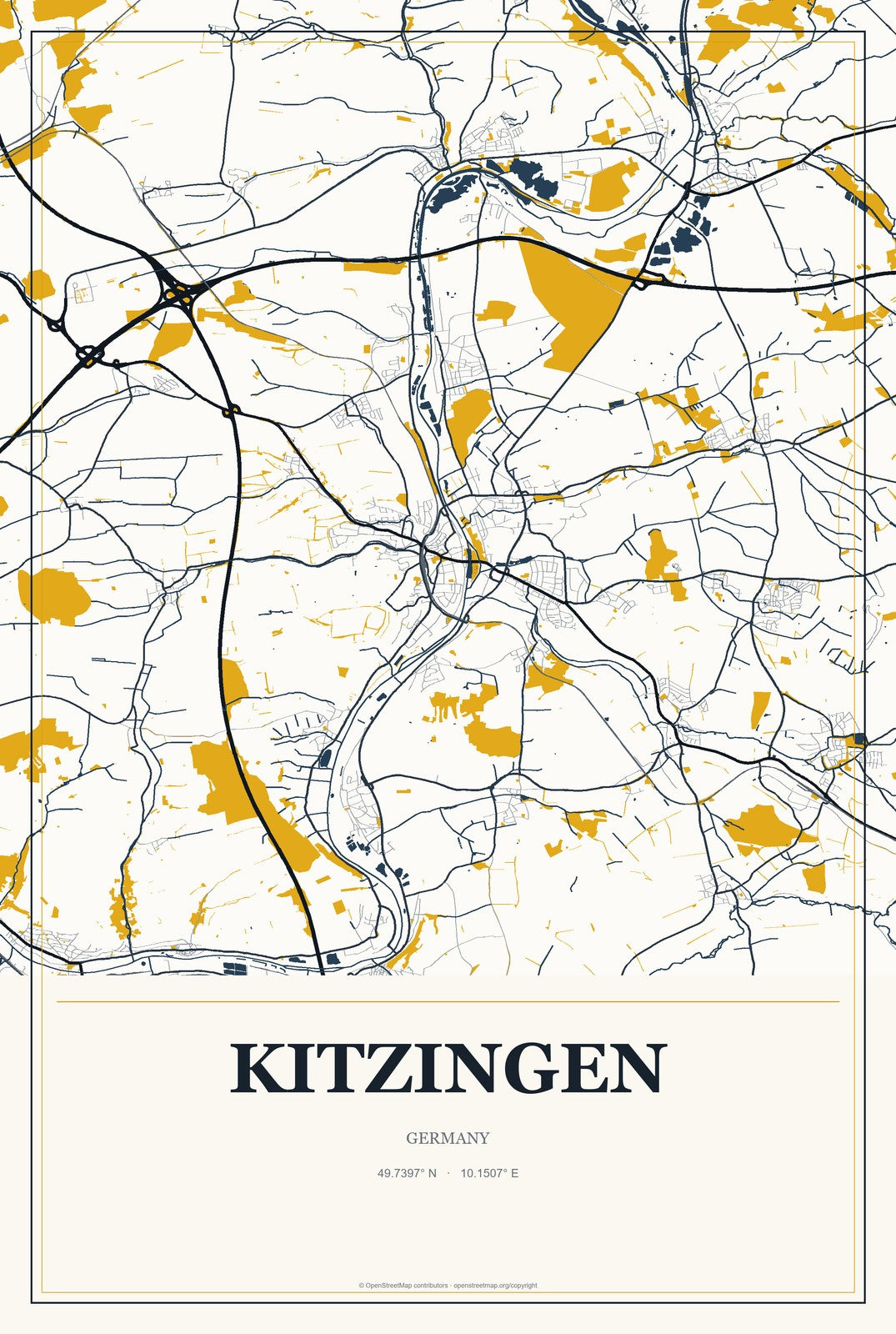 Kitzingen, Germany City Map Aluminum Sign in Citrine Modern style