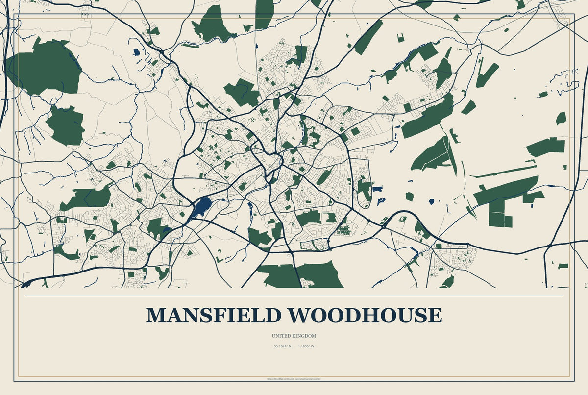 Mansfield Woodhouse, United Kingdom City Map Aluminum Sign in Coastal Cutout style