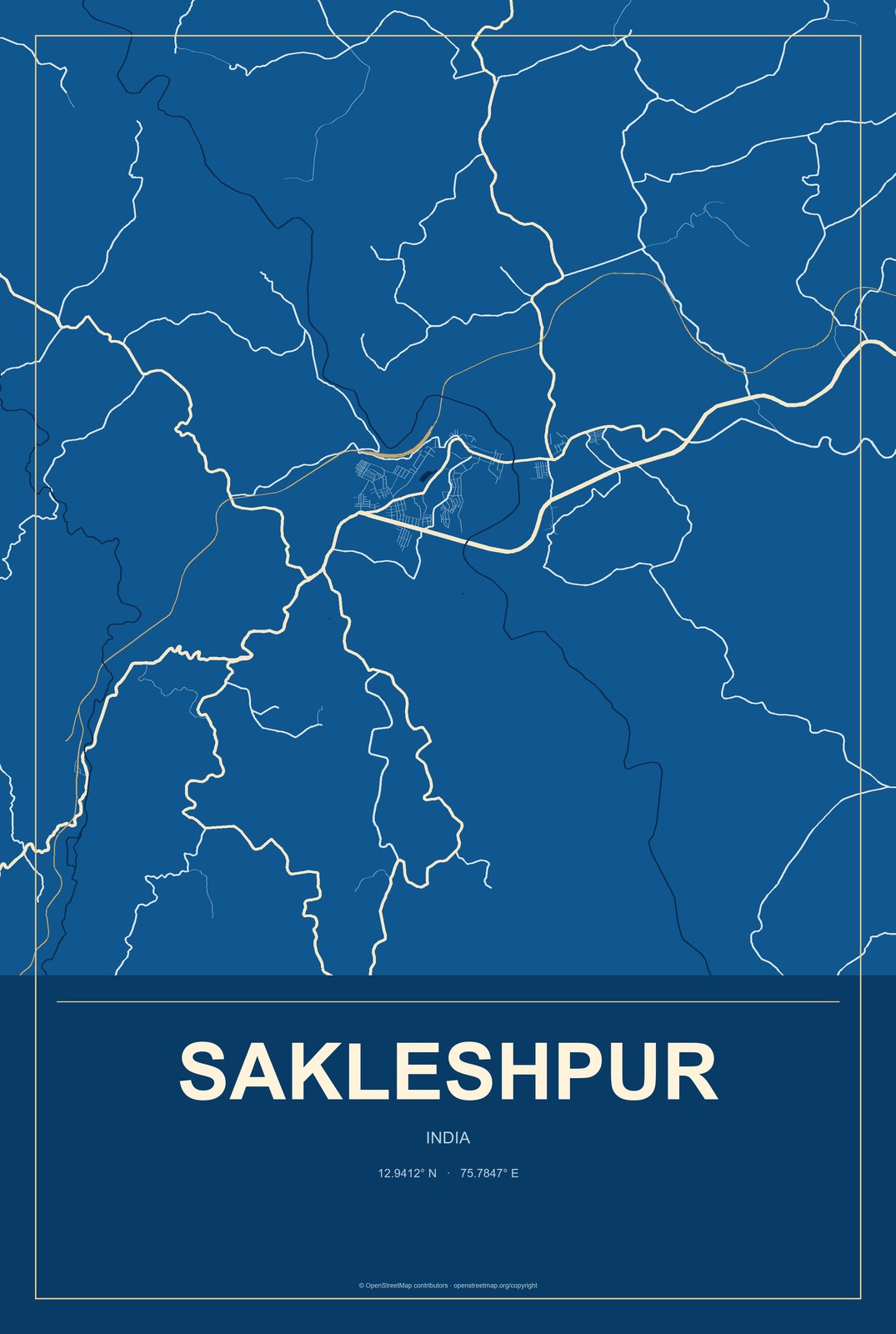 Sakleshpur, India City Map Aluminum Sign in Harbor Cobalt style